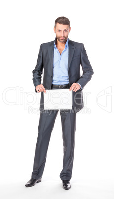 Full length portrait businessman showing an empty board to write