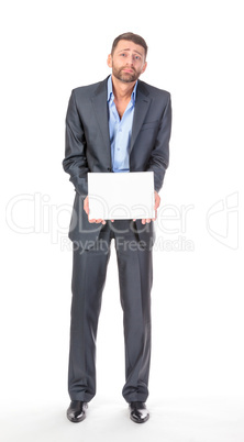 Full length portrait businessman showing an empty board to write