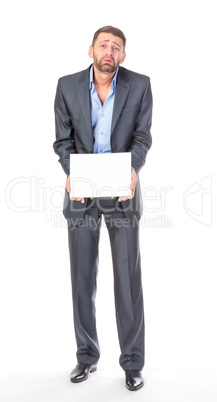 Full length portrait businessman showing an empty board to write