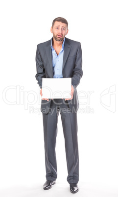 Full length portrait businessman showing an empty board to write