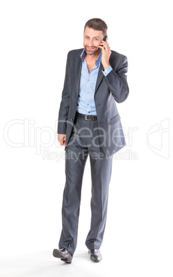 Full length portrait businessman with mobile phone