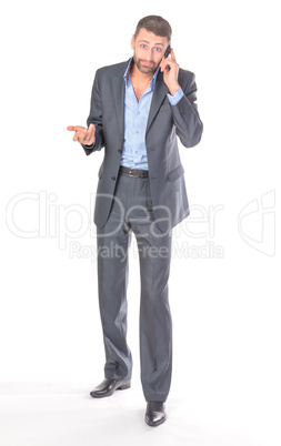 Full length portrait businessman with mobile phone