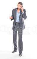 Full length portrait businessman with mobile phone