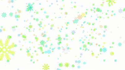 Snow on white background, colorful snowflakes, loop