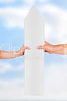 Woman hand and man's hand holding directional arrow