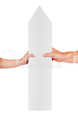 Woman hand and man's hand holding directional arrow