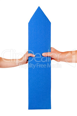 Woman hand and man's hand holding directional arrow