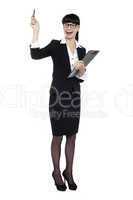Cheerful businesswoman posing with raised arm