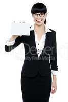 Pretty corporate woman showing blank placard