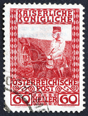 Postage stamp Austria 1908 Franz Josef on Horseback, Emperor of