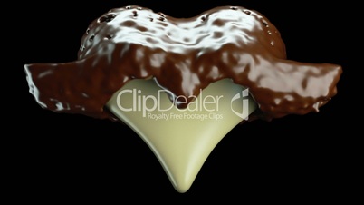 Milky heart shape and hot chocolate splashes, slow motion. Alpha matte is included