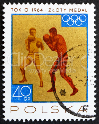 Postage stamp Poland 1965 Boxing, Gold Medal by Poland Tokyo 64