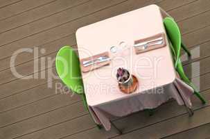 Dining table with pink tablecloth and green chairs and plant