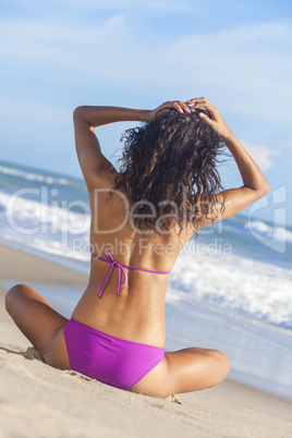 Sexy Woman Girl Sitting Bikini on Beach