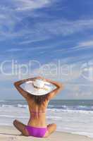 Sexy Woman Girl Sitting Sun Hat & Bikini on Beach