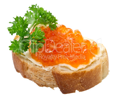 Sandwiches with red caviar on white background
