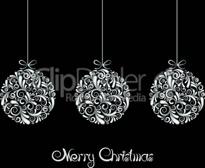 three white christmas balls on black background.