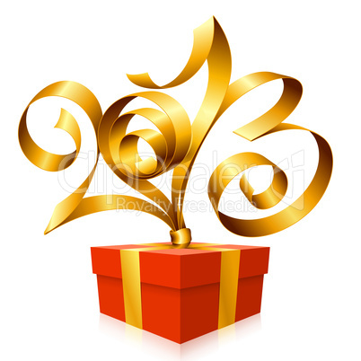 Vector gold ribbon in the shape of 2013 and gift box.
