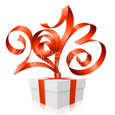 Vector red ribbon in the shape of 2013 and gift box.