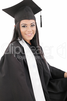 Female graduate wearing a gown and mortarboard - isolated over w