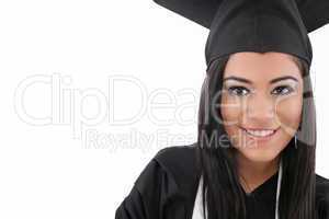 Educational theme: graduating student girl in an academic gown.
