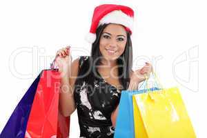 portrait of a happy santa woman with shopping bags