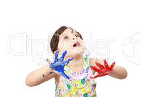Learning and play themed image of a little girl with hands paint