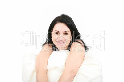 Portrait of a happy young woman smiling against white background