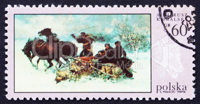 Postage stamp Poland 1968 Wolves? Raid, Painting