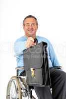 Friendly man in a wheelchair presents briefcase