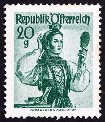 Postage stamp Austria 1948 Woman from Vorarlberg, Montafon Valle