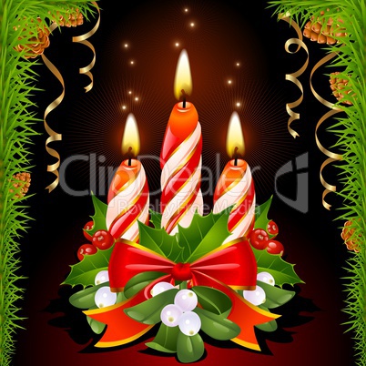 Christmas candles, holly, mistletoe and ribbon