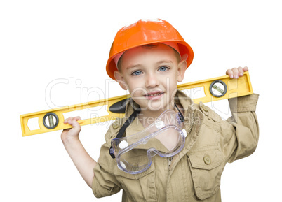 Child Boy with Level Playing Handyman Outside Isolated