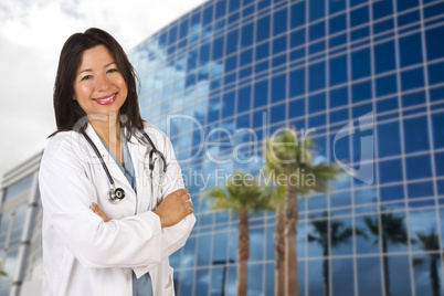 Attractive Hispanic Doctor or Nurse in Front of Building