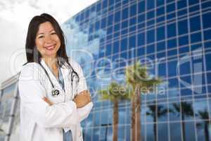 Attractive Hispanic Doctor or Nurse in Front of Building