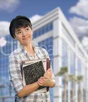 Mixed Race Female Student Holding Books in Front of Building