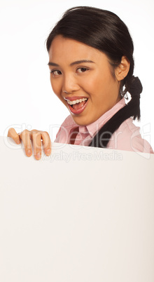 Happy Asian woman with blank sign