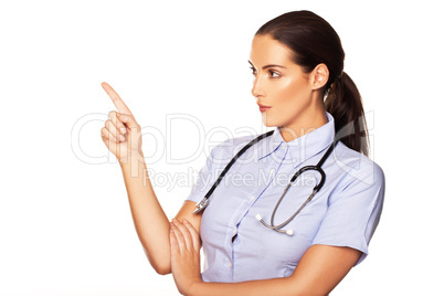 Woman doctor pointing off frame