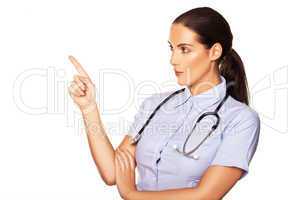 Woman doctor pointing off frame