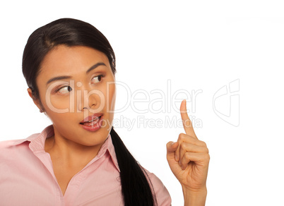 Asian woman pointing upwards