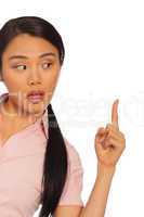 Asian woman pointing up with her finger