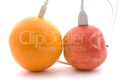 The orange and apple are connected through a cable 2