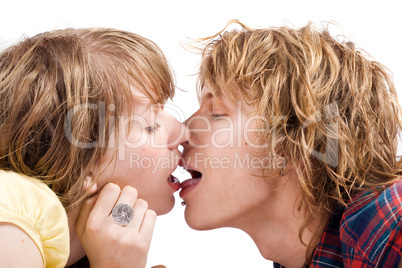 Portrait of the kissing young beauty couple 1