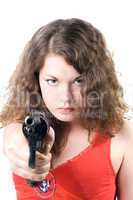 Young woman with a pistol. Isolated on white background
