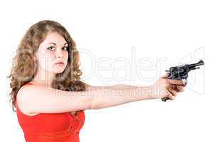 Young woman with a revolver. Isolated on white