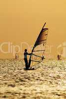 Silhouettes of a windsurfers on waves of a gulf