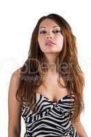 young sexy beauty woman in a striped dress. Isolated