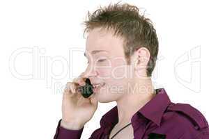 portrait of the young man, speaking by phone. Isolated