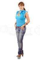 The beautiful young woman in blue jeans and jacket. Isolated