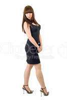The young woman with a handbag in a black dress. Isolated on whi